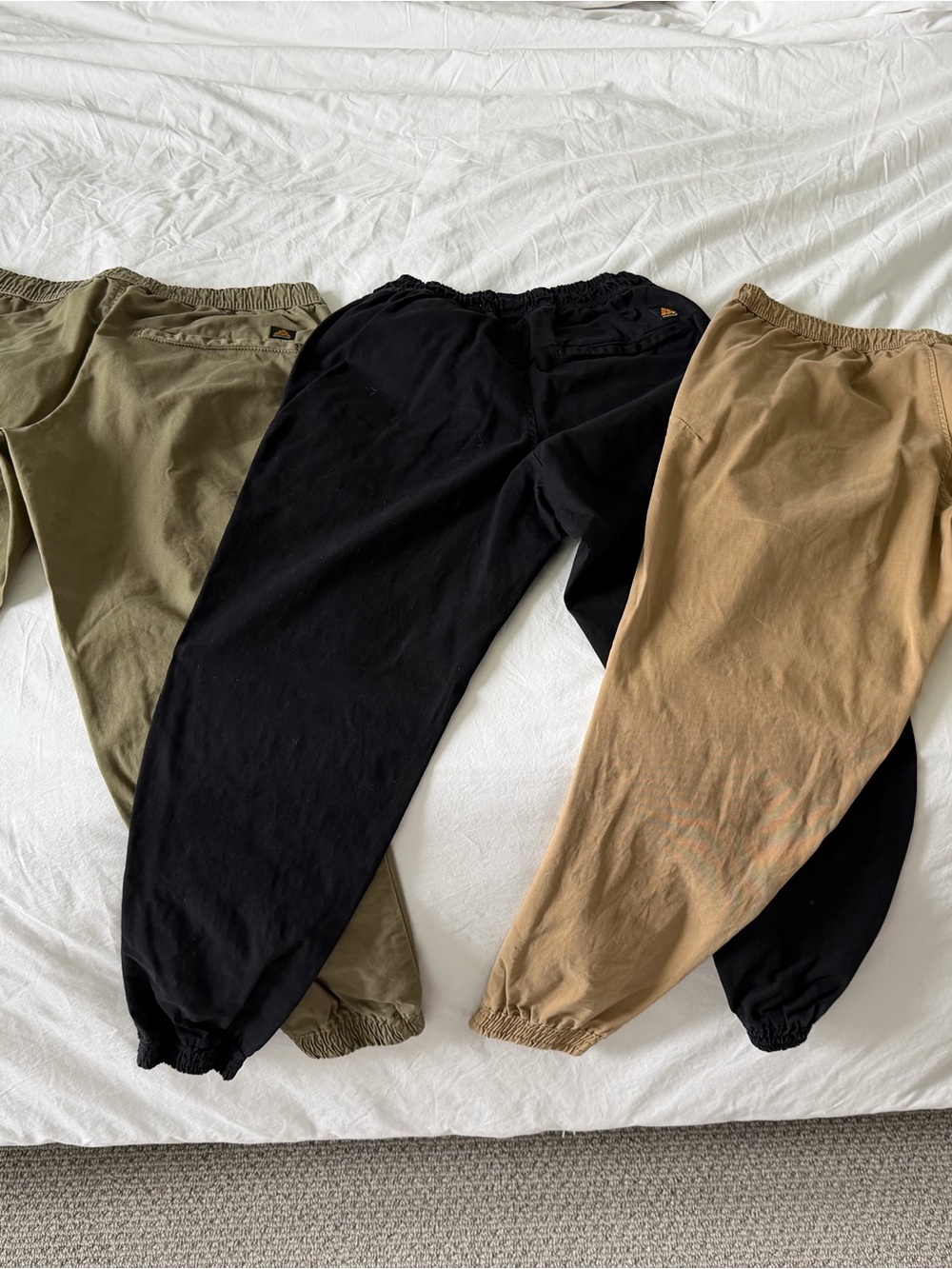 Zara Men's Jogger Trio in Black, Olive, and Tan
